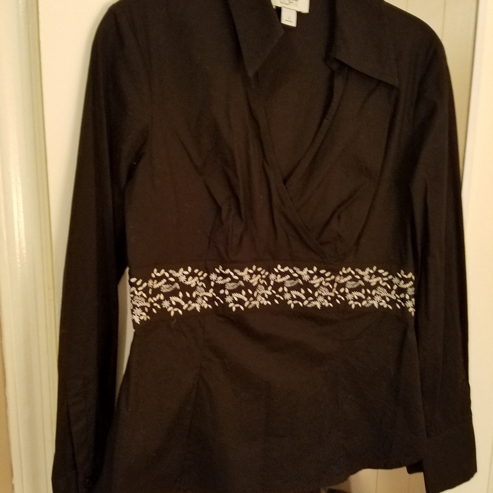 Loft Black silver crisscross wrap style blouse
